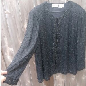 Silky Nites Silk Beaded Jacket Black Formal Vintage 2X Cocktail Shoulder Pads